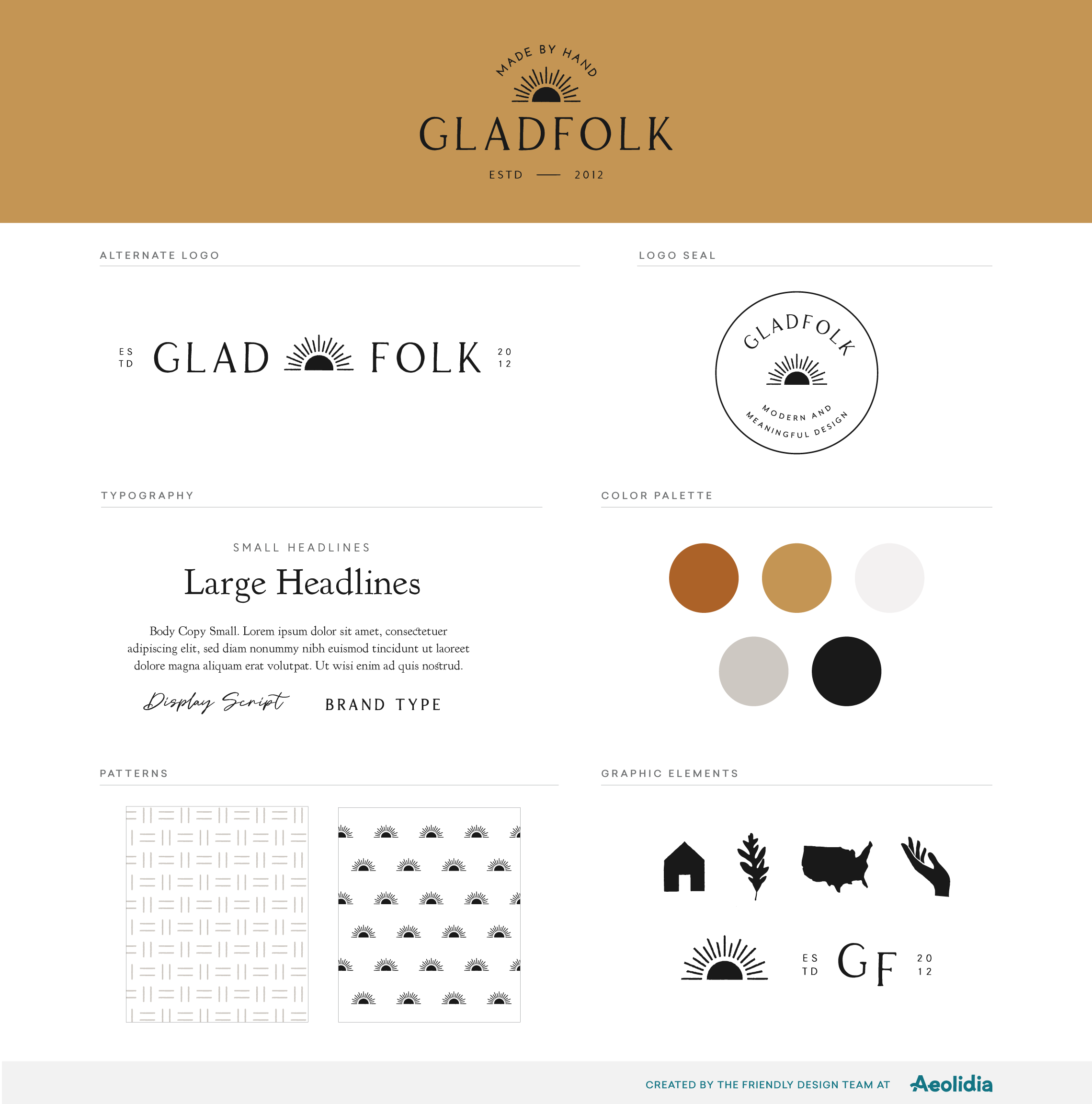 Gladfolk brand styleguide with logos, colors, typography, patterns, and graphic elements.