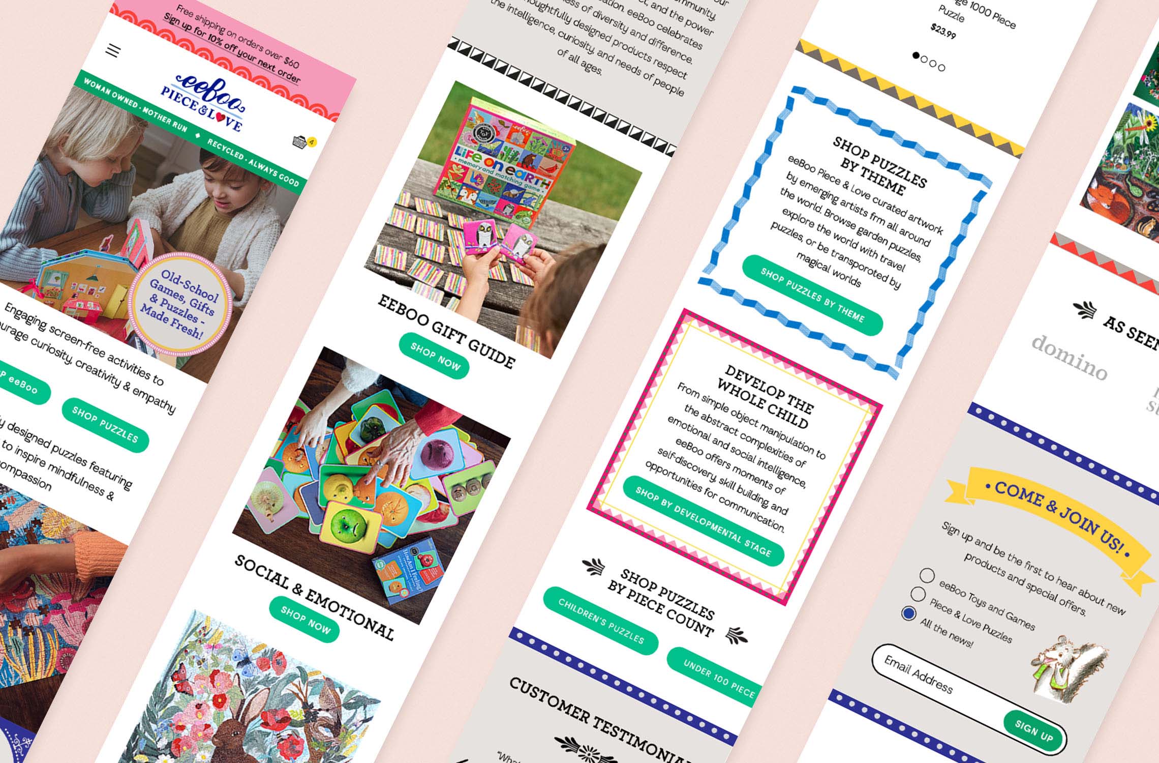 eeBoo - mobile website design for a boutique toy and puzzle brand.