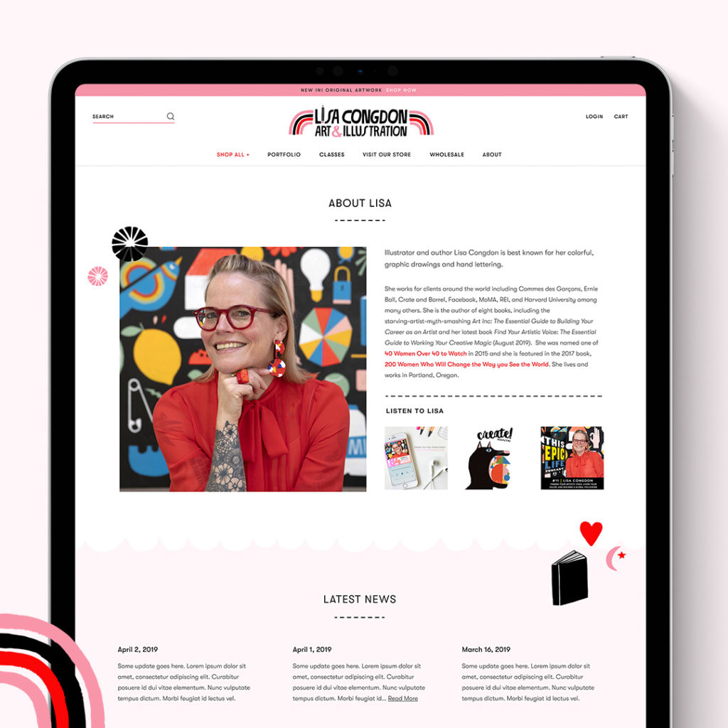 About page design for a custom Shopify website for an artist and illustrator.