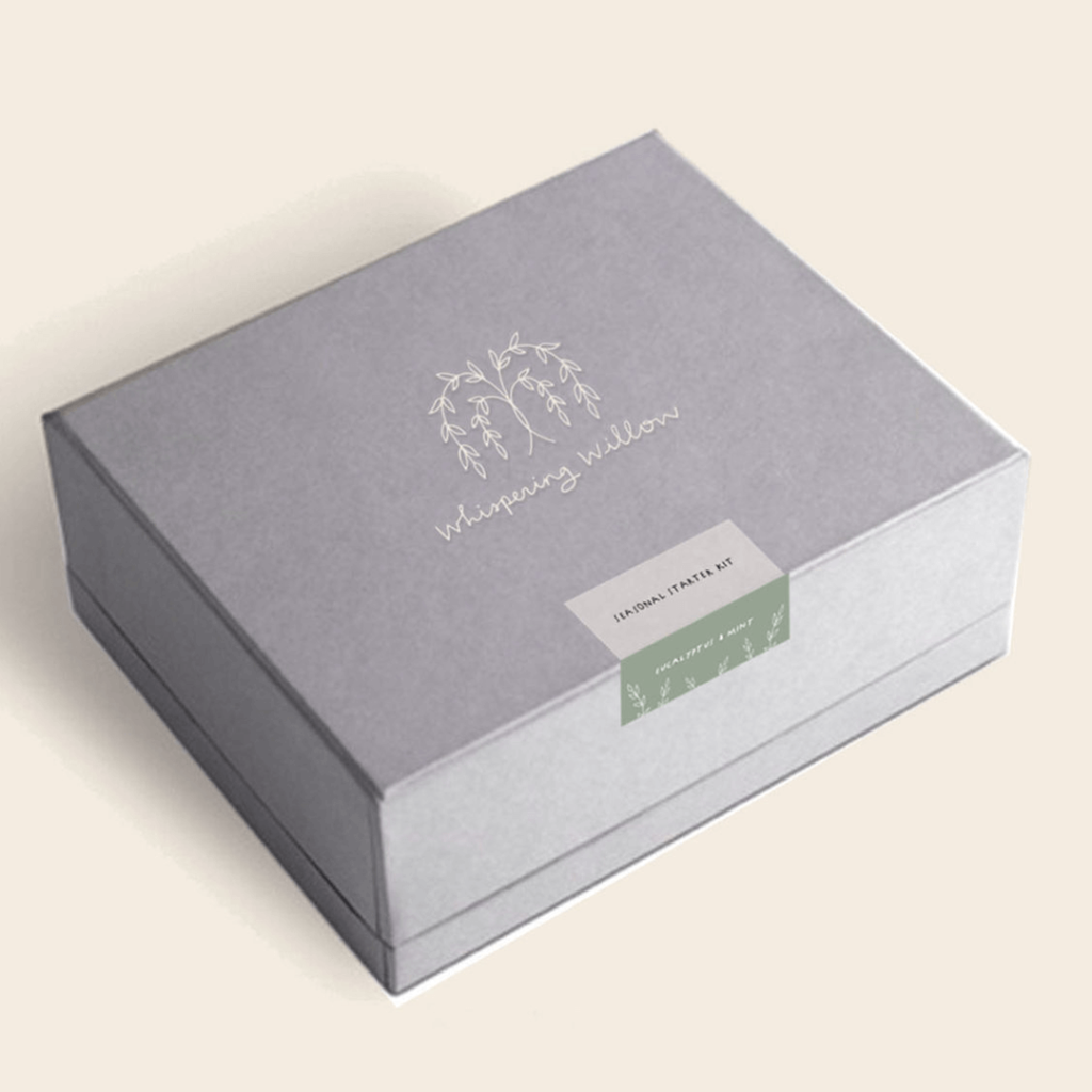 Whispering Willow - portfolio box packaging design for a natural apothecary line.