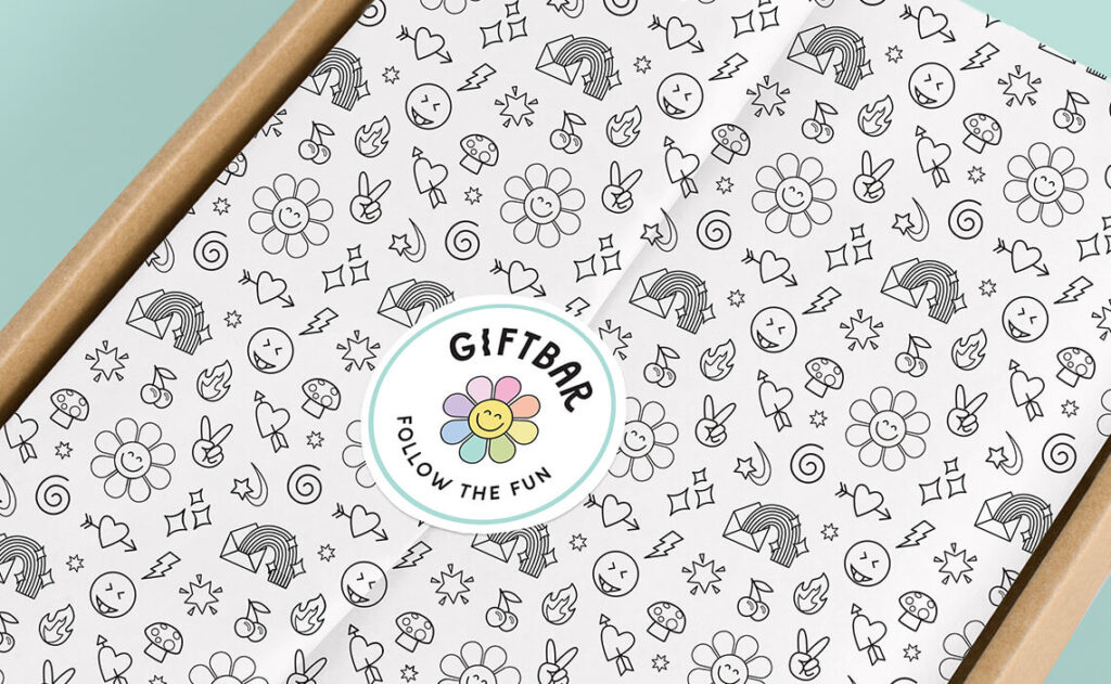 Packaging featuring a repeating pattern of custom graphic elements.