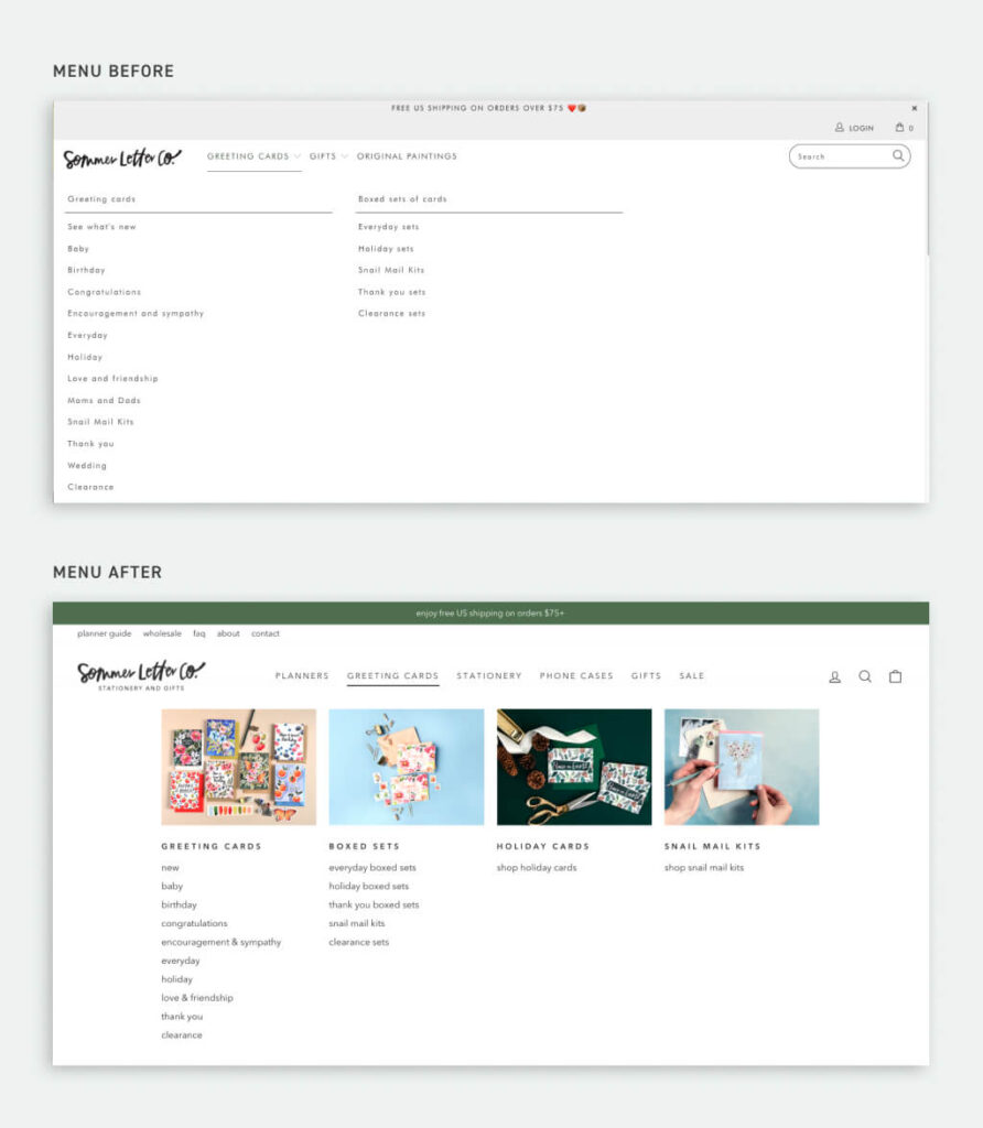 Navigation menu before and after